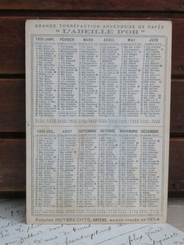 Reclamekaart/ kalender 1901 L'Abeille d'Or -Tegeltableau Zeilboten
