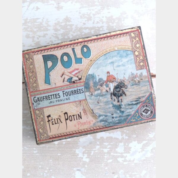 Antiek koekjesblik Félix Potin Paris “Polo” 1905/1920