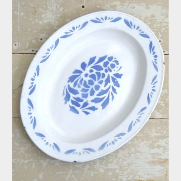 Ovale emaille schaal Spuitdecor - blauw
