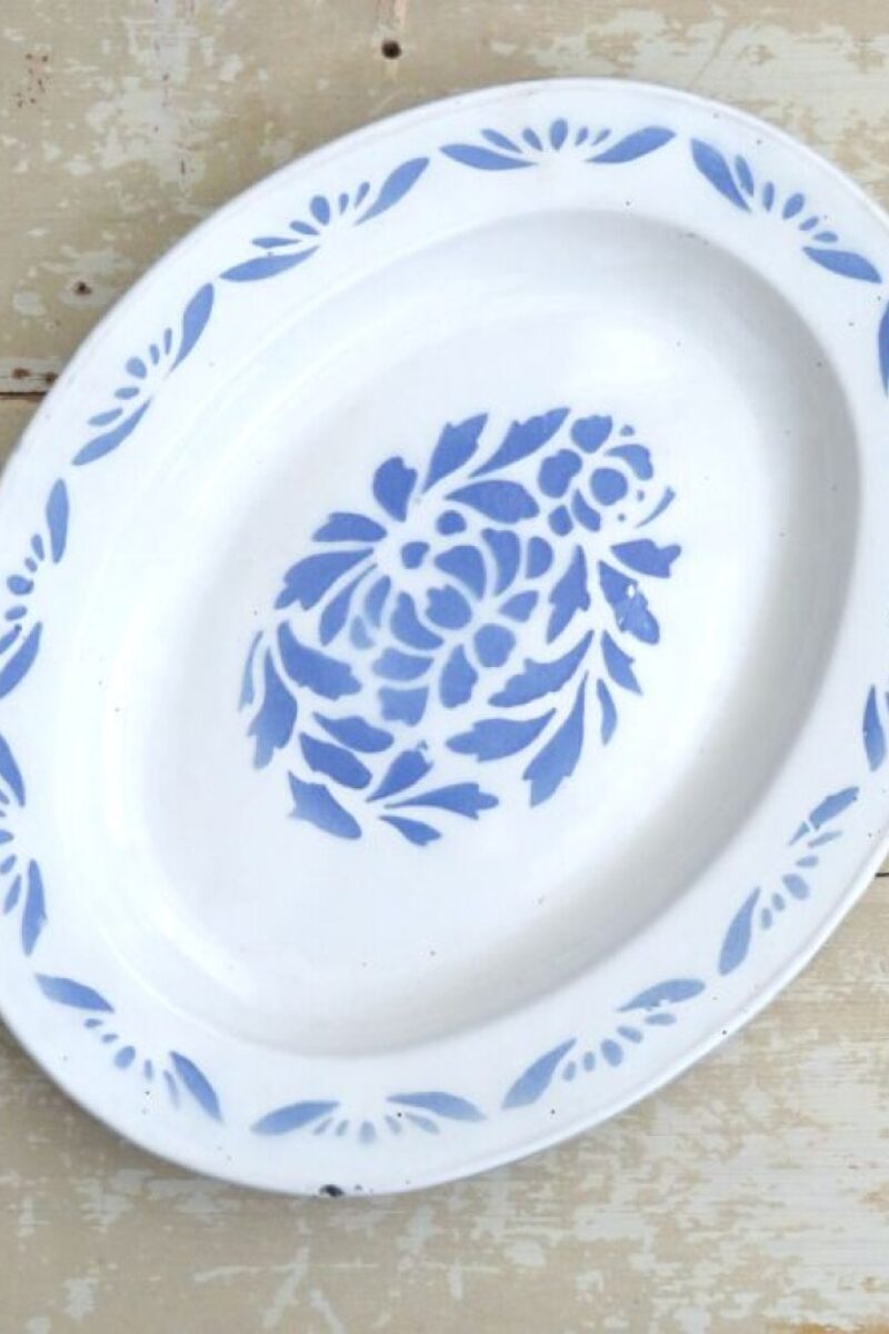 Ovale emaille schaal Spuitdecor - blauw