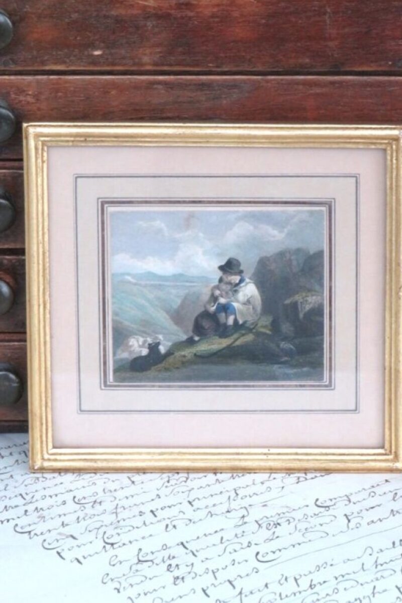 Oude litho "Herder, herderin & schaapjes