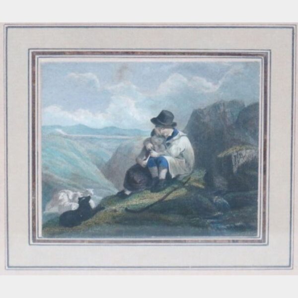 Oude litho "Herder, herderin & schaapjes