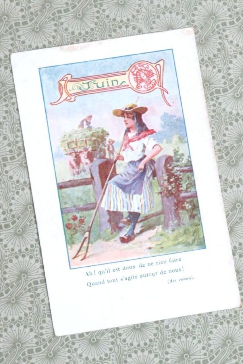Antieke Carte Postale "Juin" tekst Jean de la Fontaine