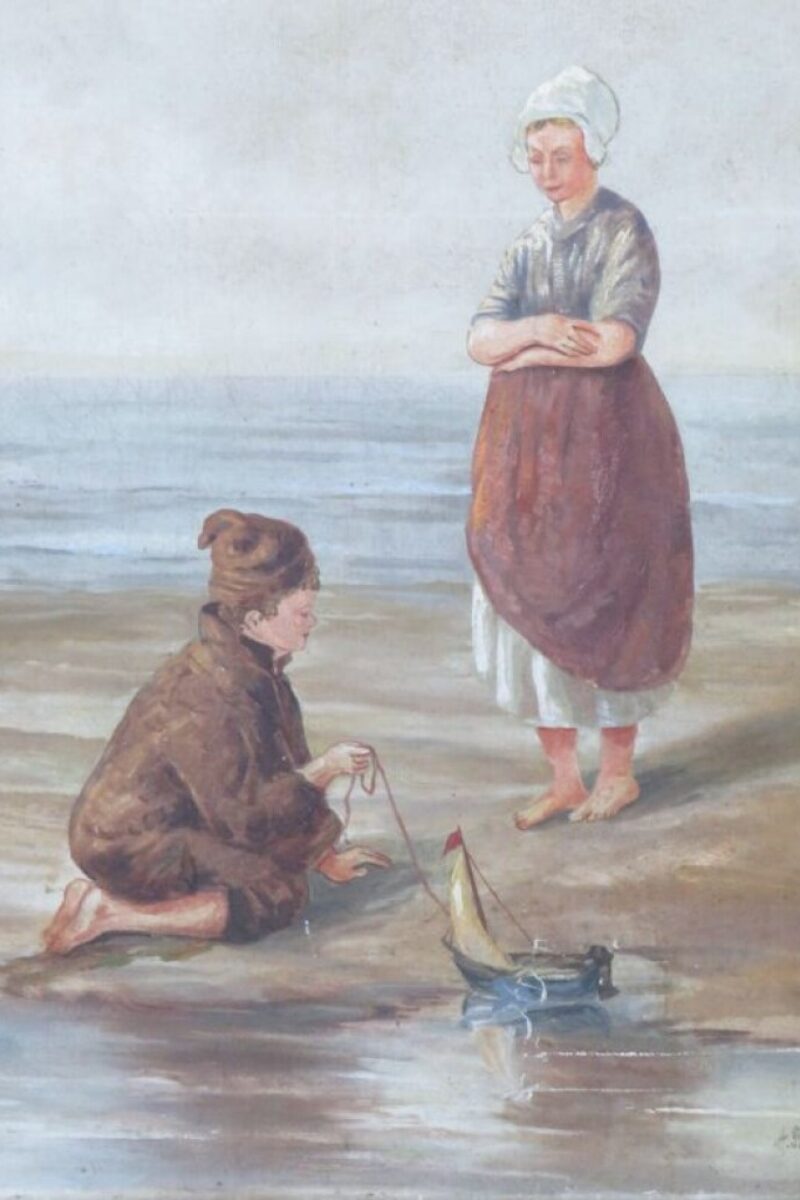Antiek Schilderij "Kinderen bij zee"