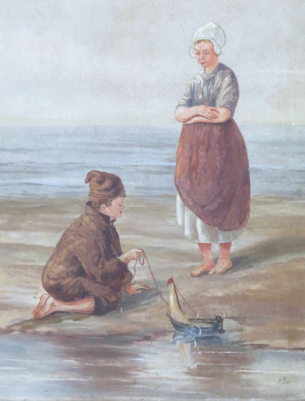 Antiek Schilderij "Kinderen bij zee"