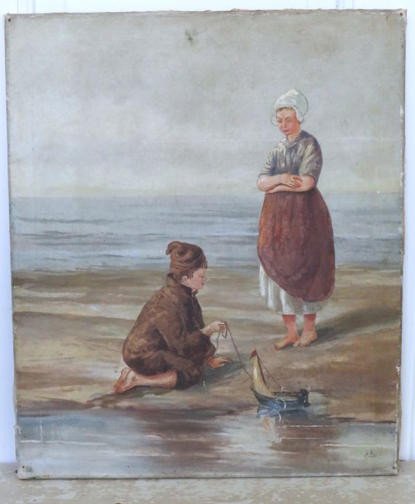 Antiek Schilderij "Kinderen bij zee"