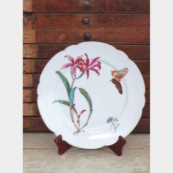 Oud bord "Orchidee, vlinder en korenbloem"
