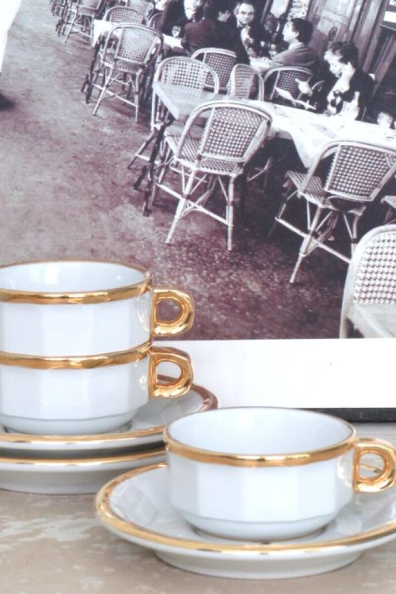 Franse espresso kop en schotel Pillivuyt wit/ goud