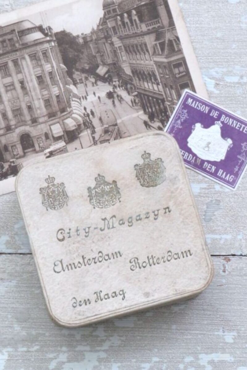 Antiek sieradendoosje "City-Magazijn "Amsterdam, Rotterdam & Den Haag"