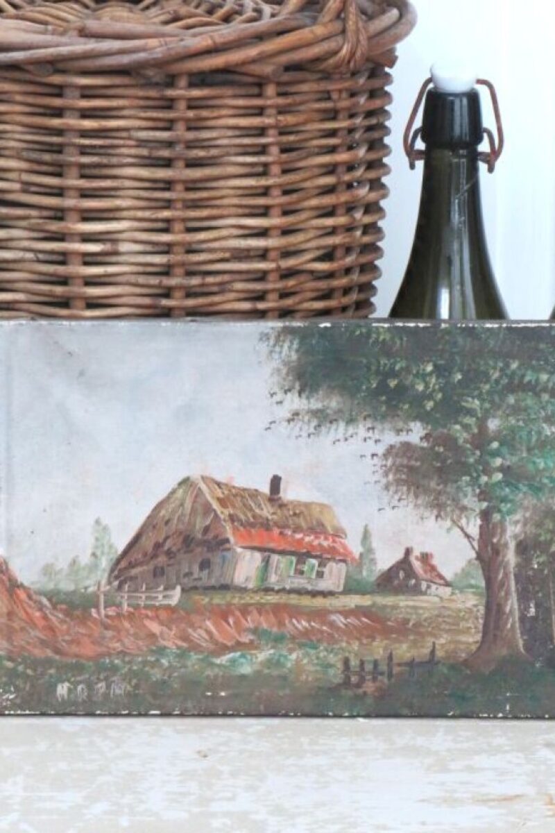 Antiek schilderij "Boerderij met rieten dak"