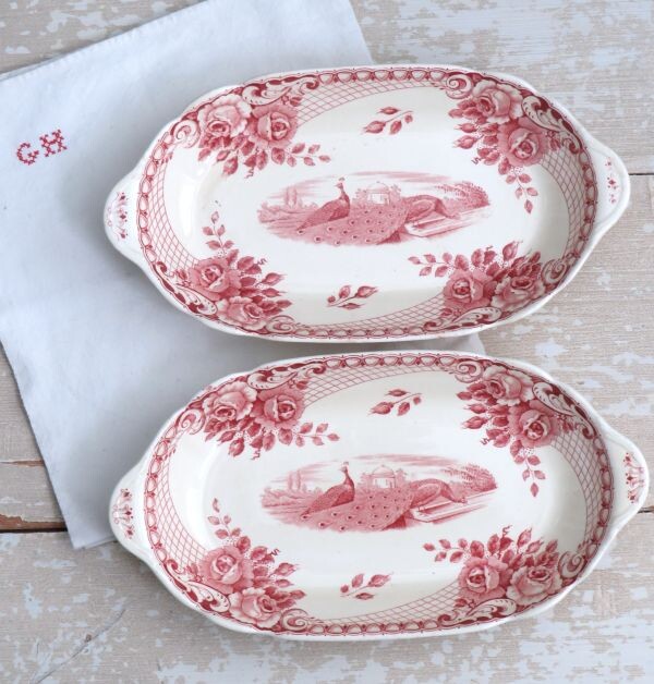 Set (2) schaaltjes Société Céramique “Peacock” Rood