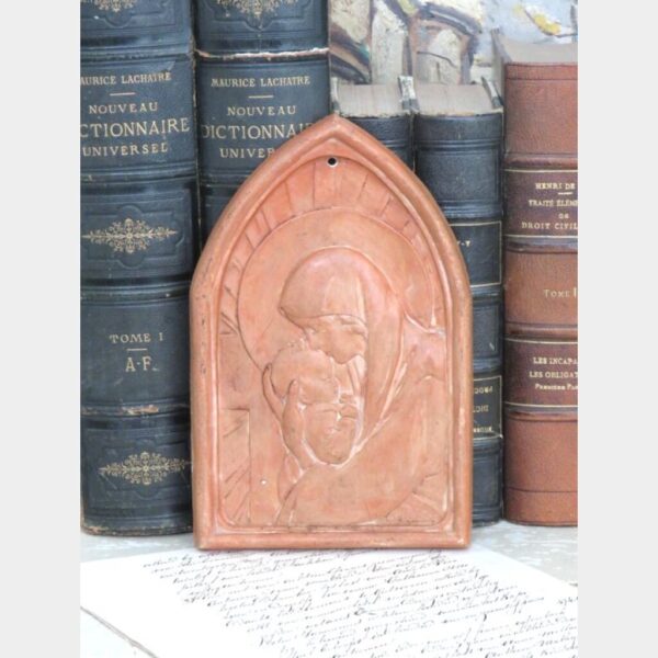 Oude terracotta plaquette " Madonna met kind"