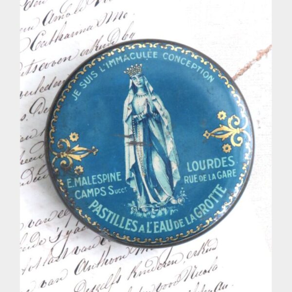 Antiek blikje Lourdes "Pastilles à L'Eau de la Grotte"