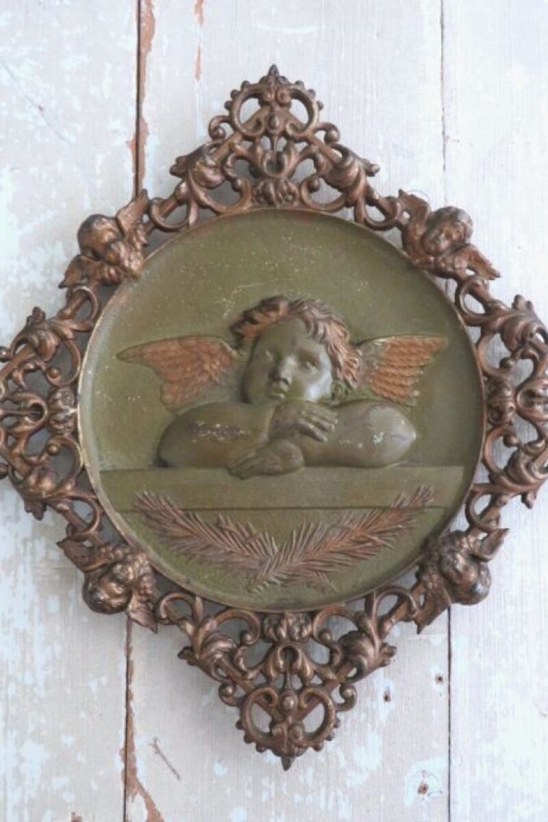 Oude wanddecoratie "Cherubijn"- Métal doré, begin 1900